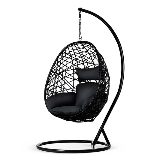 Black Rattan Patio Swing – Modern Durable Outdoor Hanging Egg Chair