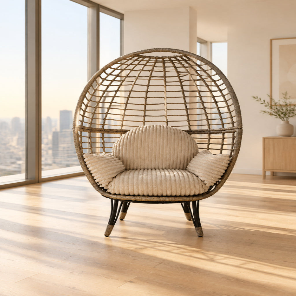 Modern Wicker Egg Chair with Plush Cushion Set