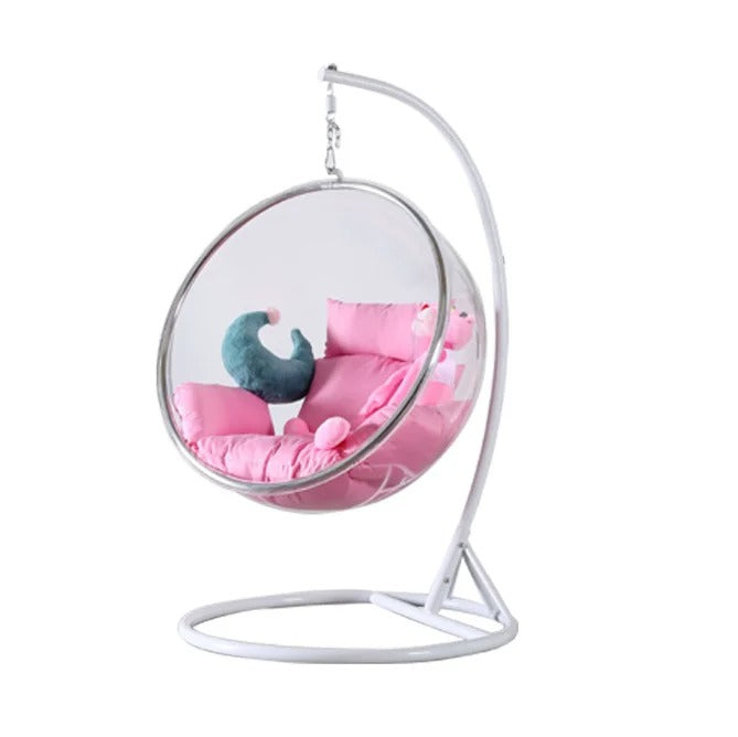 Clear Acrylic Bubble Hanging Chair with White Stand and Pink Cushions