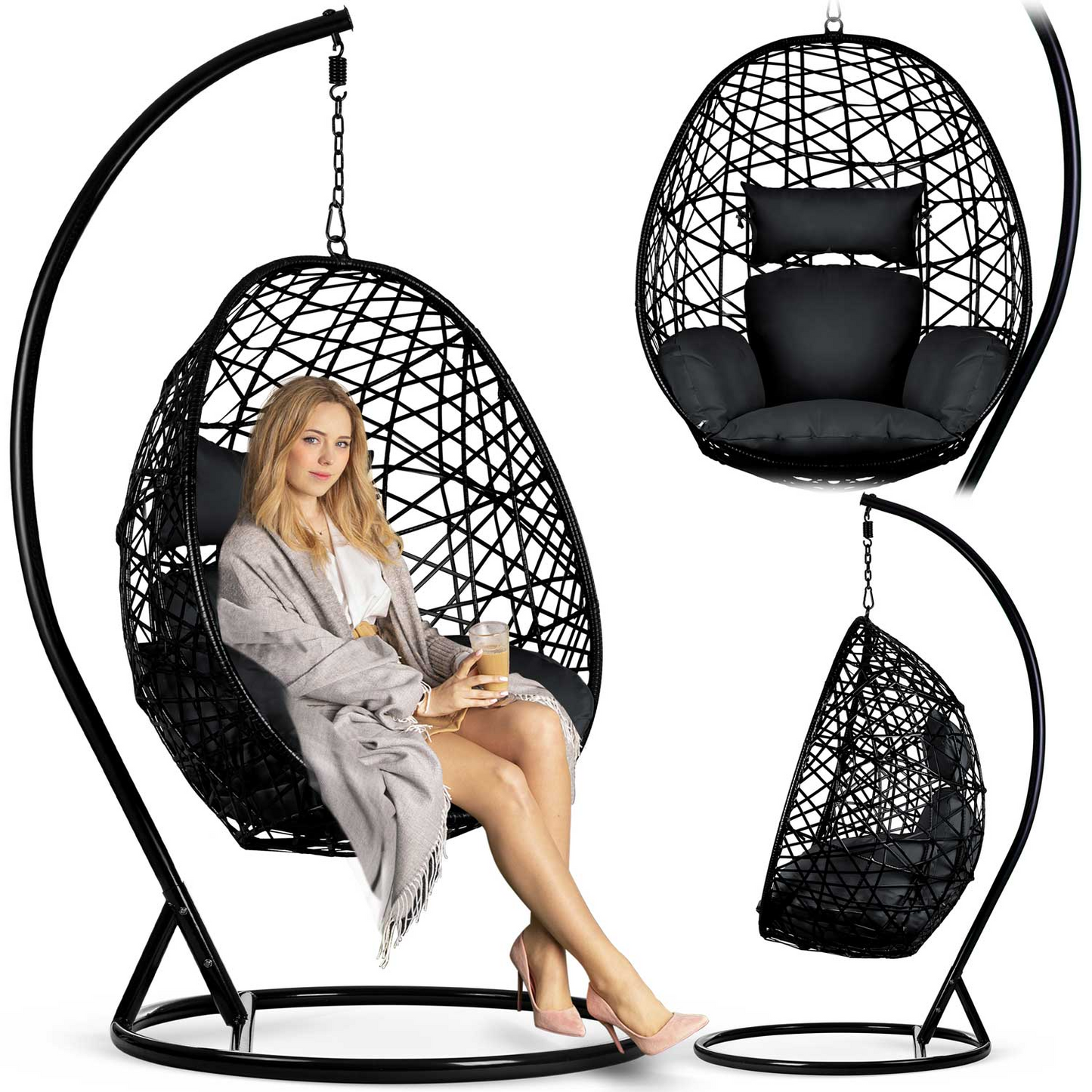 Black Rattan Patio Swing – Modern Durable Outdoor Hanging Egg Chair