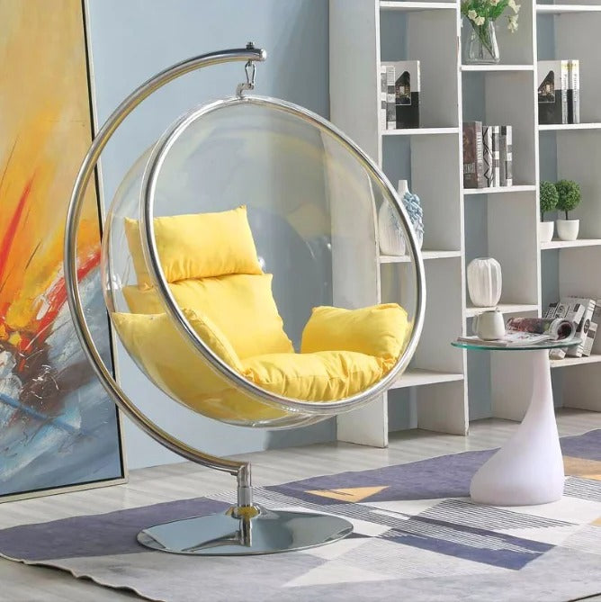 Clear Acrylic Bubble Hanging Chair with White Stand and Pink Cushions