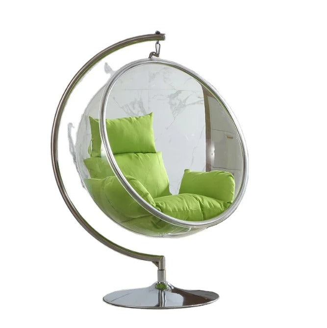 Clear Acrylic Bubble Hanging Chair with White Stand and Pink Cushions