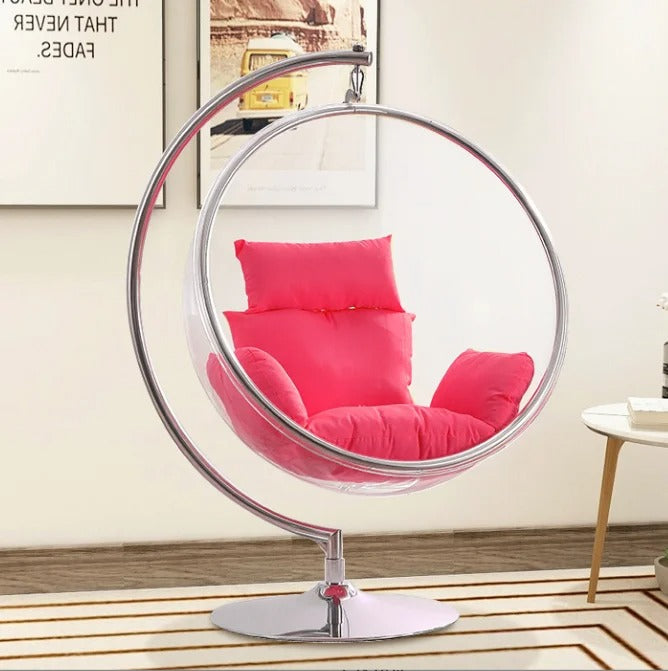 Clear Acrylic Bubble Hanging Chair with White Stand and Pink Cushions